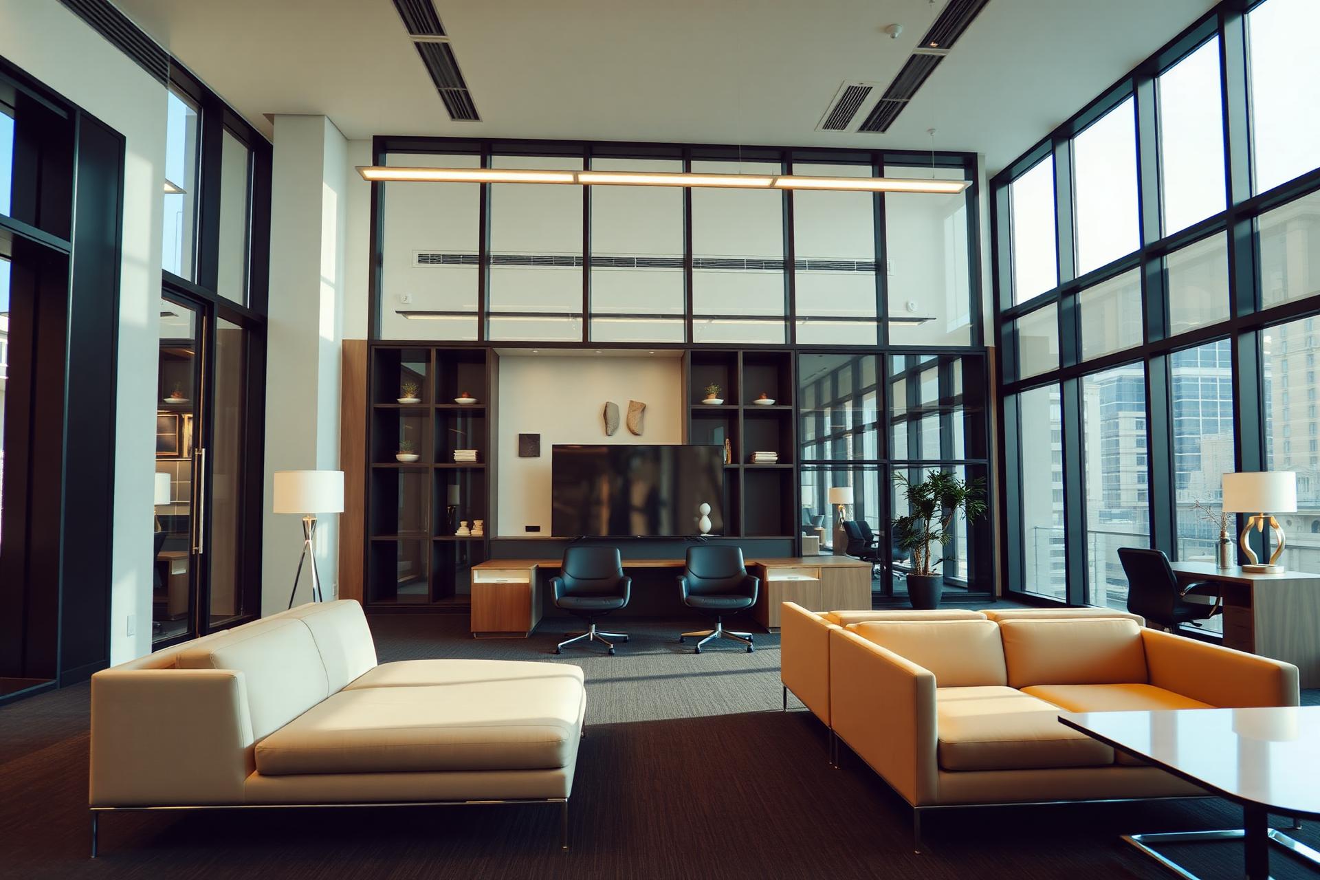 Ambiente corporativo sofisticado com mobiliário premium